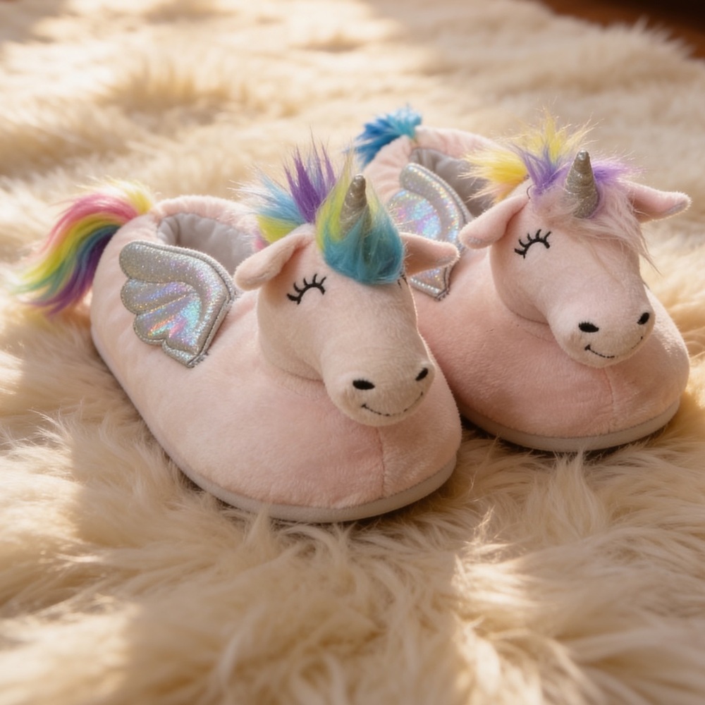 Unicorn multicolored pink slippers silver horn wings rainbow colorful glitter